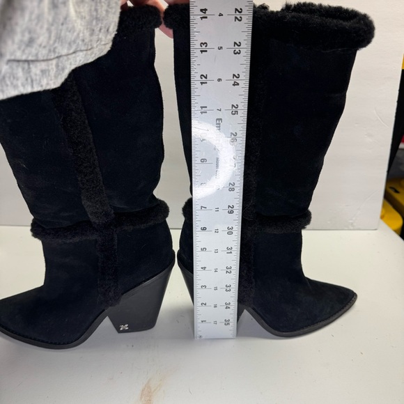 Sam Edelman womens 6.5 mid calf heeled suede, faux fur trim black boots - Picture 6 of 8